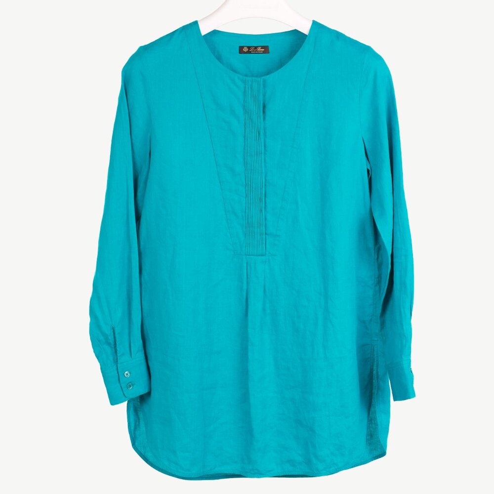 Loro Piana Teal Linen Pintuck Bib Blouse